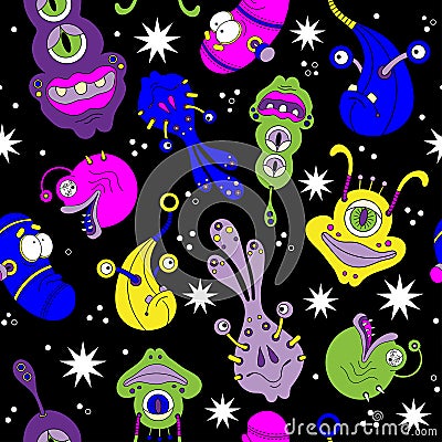 A seamless background pattern of happy, floating, cartoon, vector aliens monsters. Kiddy wallpaper or linen cloth textile design. Vector Illustration